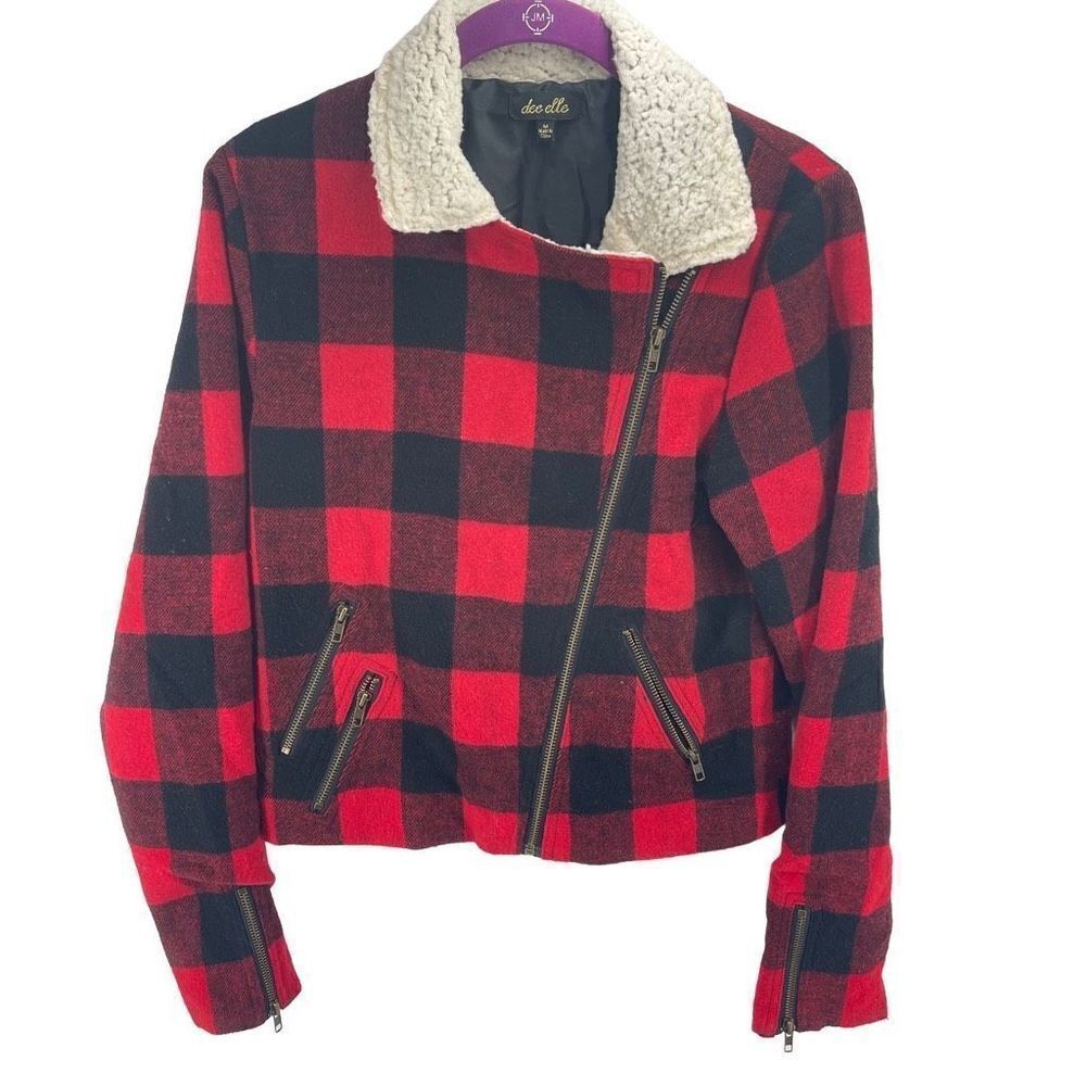 Dee Elle Vintage Red Buffalo Plaid Sherpa moto Jacket angle zip Medium
